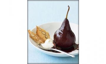 Poached Pears with Chocolate Sauce & Pistachios
