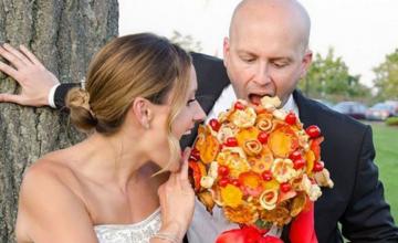 A wedding bouquet made from pizza