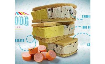 Ice cream sandwich with bits of candied hot dog meat