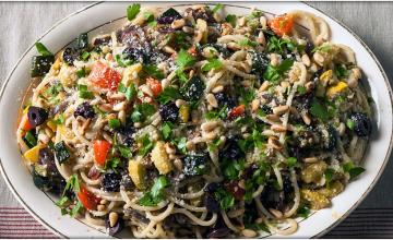 Spaghetti with Roasted Vegetables, Pine Nuts & Olives