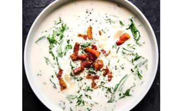 Roasted Garlic Soup with Kale, Parmesan and Crispy Pancetta