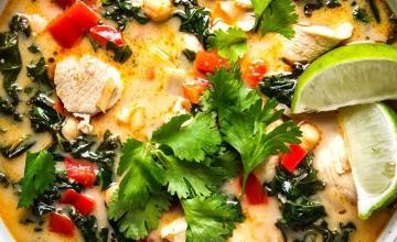 Coconut Curry Soup with Chicken, Chickpeas and Hearty Greens