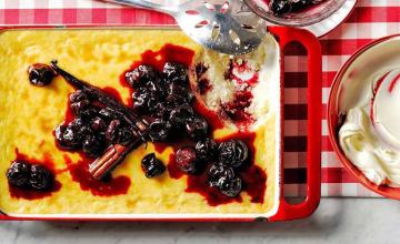 Baked Custard and Rice Pudding with Cherries