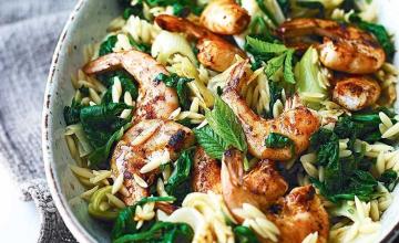 Spinach and Orzo Pilaf with Paprika Prawns