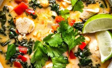 Coconut Curry Soup with Chicken, Chickpeas and Greens