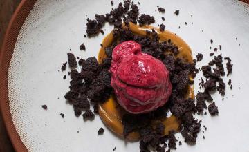 Plum Sorbet with Chocolate Crumbs and Dulce de Leche