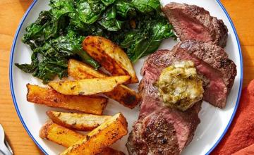 Steak and Sweet Potato Fries with Baked Onion Rings